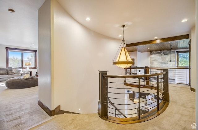 4896 Last Stand Dr, Snyderville, UT 84098 - hallway with an upstairs landing, carpet floors, plenty of natural light, and recessed lighting