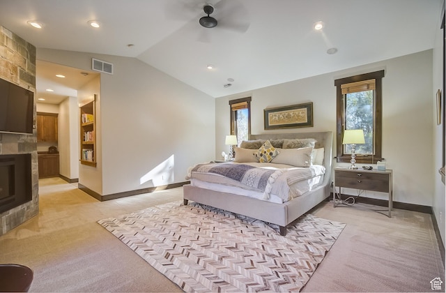 4896 Last Stand Dr, Snyderville, UT 84098 - bedroom featuring light colored carpet, lofted ceiling, a ceiling fan, and recessed lighting