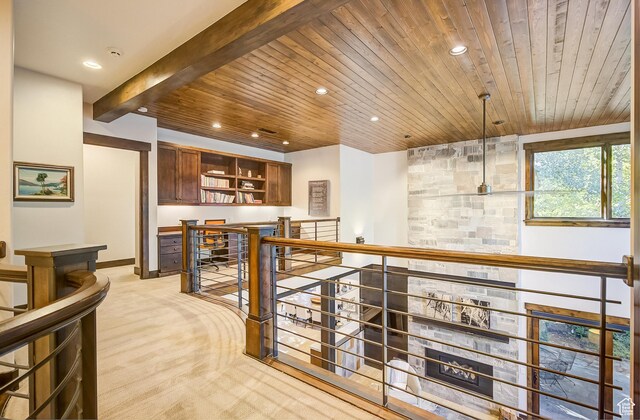 4896 Last Stand Dr, Snyderville, UT 84098 - bar area featuring a wooden ceiling with exposed beams, light carpet, and recessed lighting