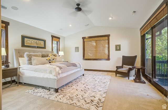 4896 Last Stand Dr, Snyderville, UT 84098 - bedroom featuring access to outside, lofted ceiling, multiple windows, light colored carpet, and ceiling fan
