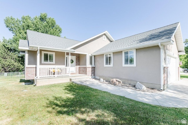 287 S 375 W, Providence, UT 84332 - ranch-style home featuring covered porch, a garage, roof with shingles, and stucco siding