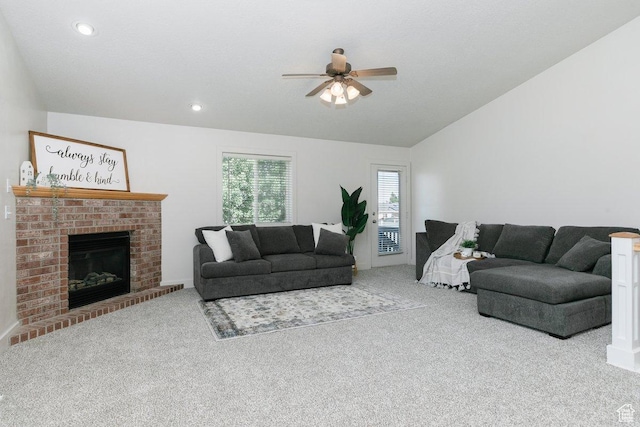 287 S 375 W, Providence, UT 84332 - carpeted living area featuring a ceiling fan, lofted ceiling, a fireplace, and recessed lighting