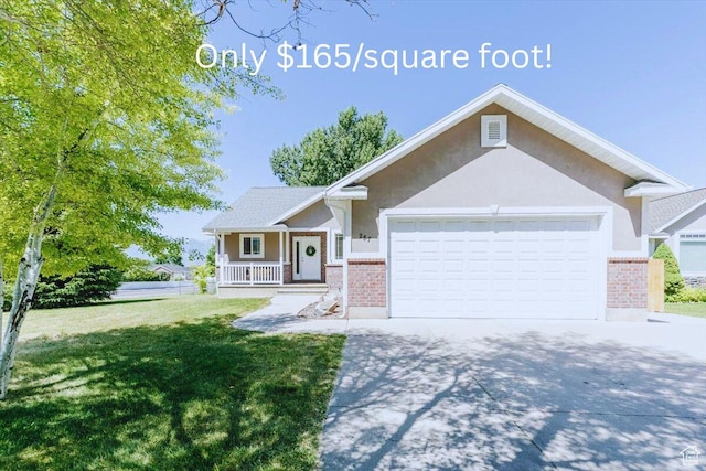 287 S 375 W, Providence, UT 84332 - ranch-style house featuring brick siding, an attached garage, concrete driveway, a porch, and a front lawn