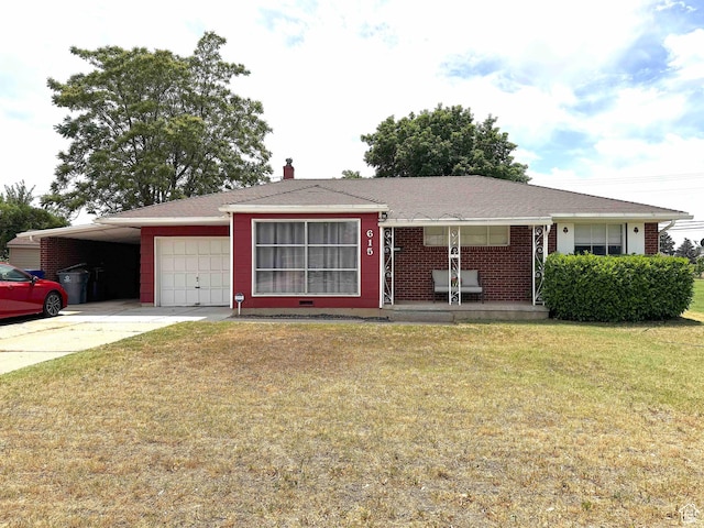 615 E Ben Lomond Ave, South Ogden, UT 84403 - ranch-style house with a front yard, a porch, driveway, an attached carport, and a garage
