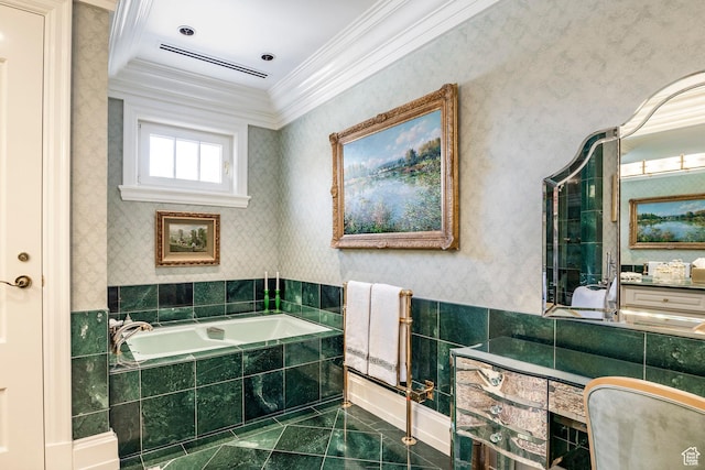 1384 N 450 E, Orem, UT 84097 - bathroom with ornamental molding, a garden tub, marble finish floors, wallpapered walls, and vanity