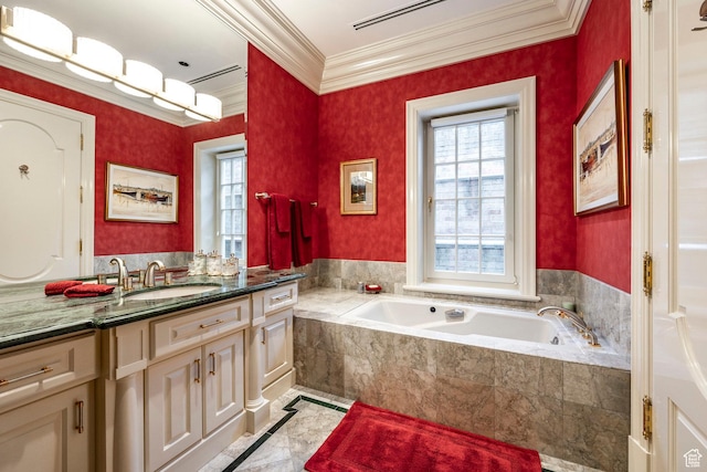 1384 N 450 E, Orem, UT 84097 - bathroom featuring vanity, a garden tub, and crown molding