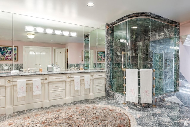1384 N 450 E, Orem, UT 84097 - bathroom with a marble finish shower, vanity, recessed lighting, and decorative backsplash
