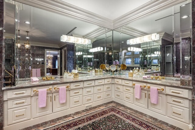 1384 N 450 E, Orem, UT 84097 - full bathroom with ornamental molding, vanity, and a chandelier