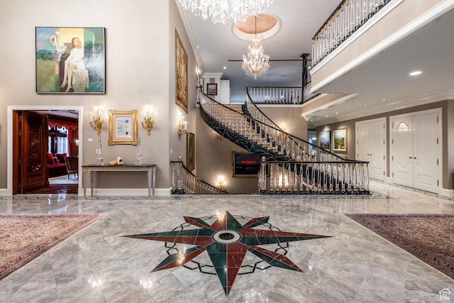 1384 N 450 E, Orem, UT 84097 - entryway featuring marble tiled floors, a high ceiling, a chandelier, ornamental molding, and stairway