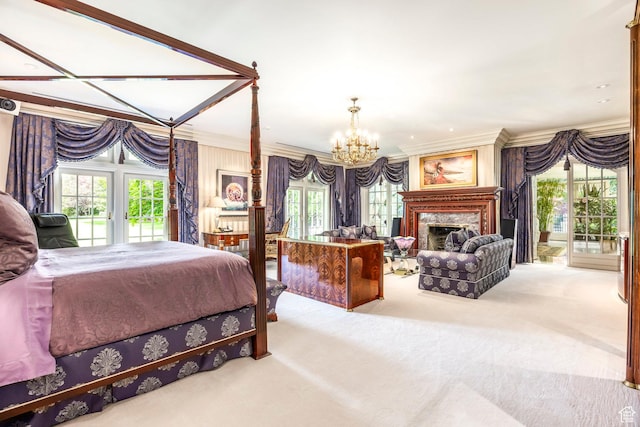 1384 N 450 E, Orem, UT 84097 - carpeted bedroom featuring crown molding, a chandelier, access to exterior, multiple windows, and a premium fireplace