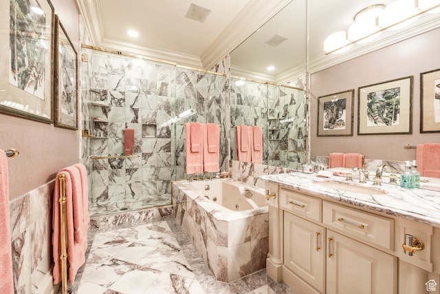 1384 N 450 E, Orem, UT 84097 - bathroom featuring ornamental molding, a marble finish shower, a tub with jets, vanity, and marble finish flooring