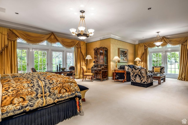 1384 N 450 E, Orem, UT 84097 - carpeted bedroom featuring access to exterior, a chandelier, and ornamental molding