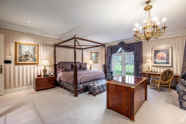 1384 N 450 E, Orem, UT 84097 - bedroom featuring light colored carpet, crown molding, a chandelier, and wallpapered walls