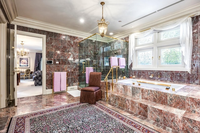 1384 N 450 E, Orem, UT 84097 - bathroom with a chandelier, crown molding, a bath, tile walls, and marble tiled flooring