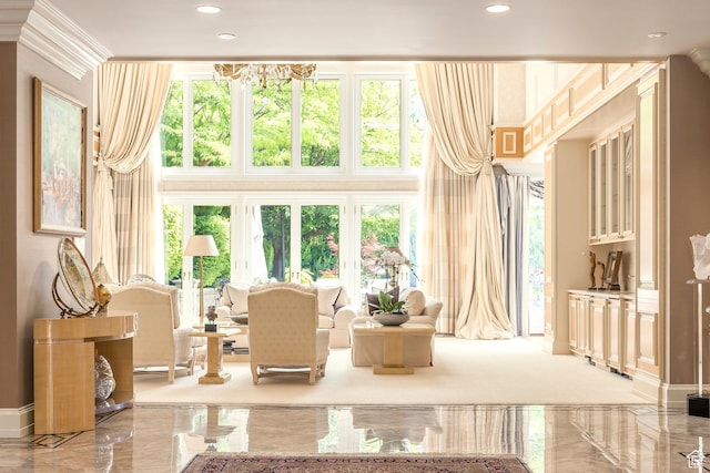 1384 N 450 E, Orem, UT 84097 - living area featuring a towering ceiling, marble tiled flooring, and recessed lighting