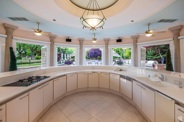 1384 N 450 E, Orem, UT 84097 - kitchen featuring gas stovetop, ceiling fan, dishwasher, decorative columns, and ornamental molding
