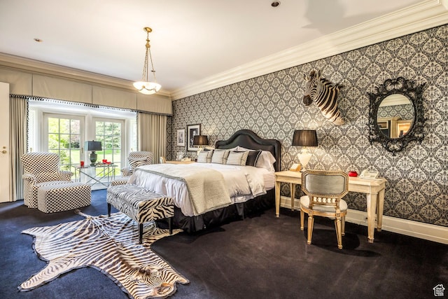 1384 N 450 E, Orem, UT 84097 - carpeted bedroom with ornamental molding, access to exterior, and wallpapered walls