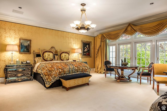 1384 N 450 E, Orem, UT 84097 - bedroom featuring carpet, access to exterior, ornamental molding, and a chandelier
