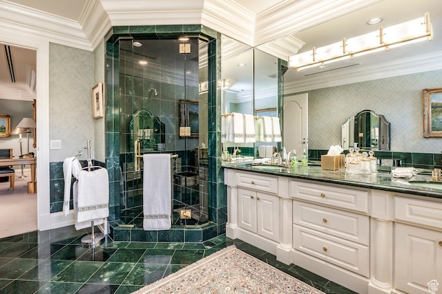 1384 N 450 E, Orem, UT 84097 - full bathroom featuring crown molding, vanity, a stall shower, and wallpapered walls