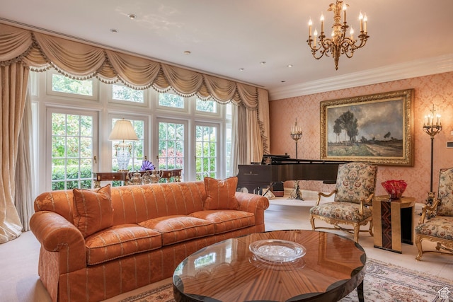 1384 N 450 E, Orem, UT 84097 - living room with wallpapered walls, a chandelier, and crown molding