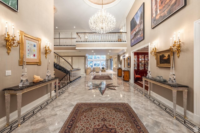 1384 N 450 E, Orem, UT 84097 - entrance foyer with stairway, a high ceiling, ornamental molding, marble tiled flooring, and a chandelier