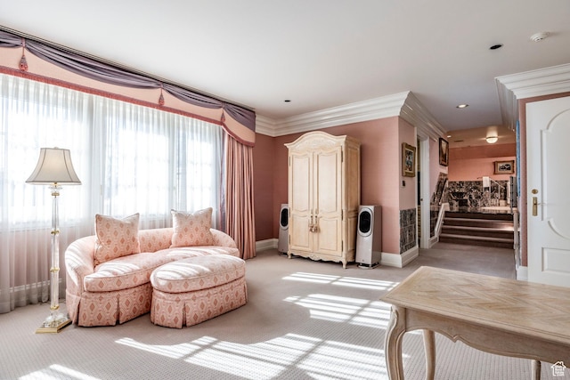 1384 N 450 E, Orem, UT 84097 - living room with light carpet, crown molding, and stairs