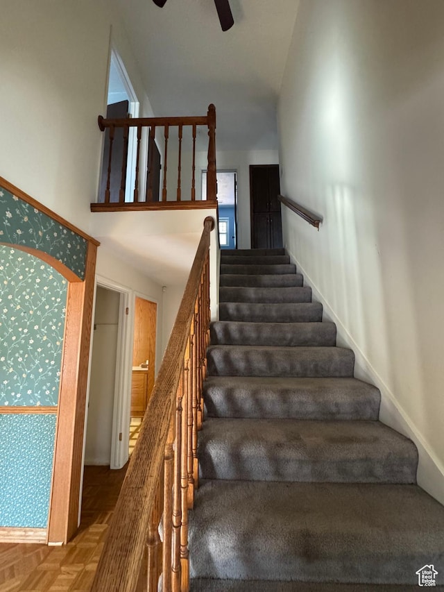 2650 E Willow Wick Dr, Sandy, UT 84093 - stairs with ceiling fan and vaulted ceiling