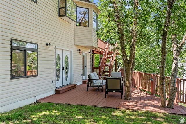 5791 S Oakwood Dr W, South Ogden, UT 84405 - wooden terrace featuring stairway and french doors