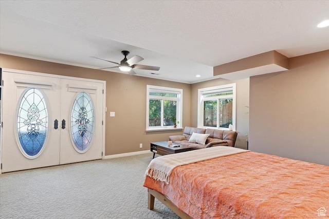 5791 S Oakwood Dr W, South Ogden, UT 84405 - bedroom with light colored carpet, access to outside, a ceiling fan, and recessed lighting