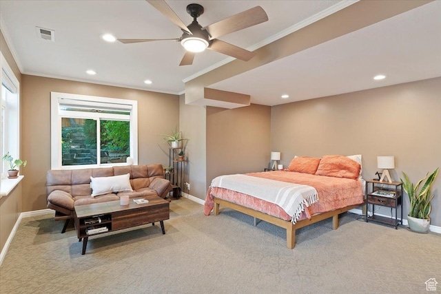 5791 S Oakwood Dr W, South Ogden, UT 84405 - bedroom featuring ornamental molding, light carpet, recessed lighting, and ceiling fan