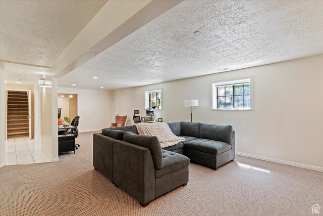 5791 S Oakwood Dr W, South Ogden, UT 84405 - living area featuring light colored carpet, a textured ceiling, stairway, and recessed lighting