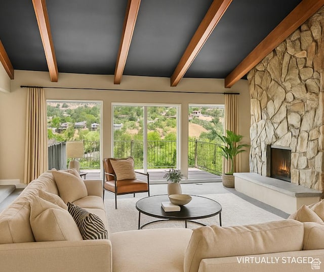 3683 E Cove Point Dr, Millcreek, UT 84109 - living room with beam ceiling, carpet, and a fireplace