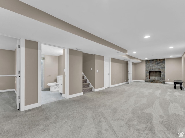 787 E Casa Blanco Cir, Midvale, UT 84047 - finished basement featuring carpet, a fireplace, recessed lighting, and stairs