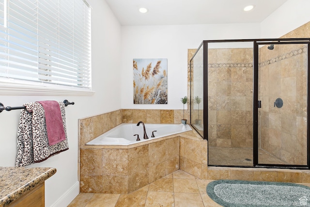 1471 S Sage Bloom Way, Saratoga Springs, UT 84045 - bathroom featuring a bath, a stall shower, recessed lighting, and tile patterned flooring