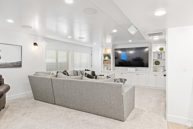 1471 S Sage Bloom Way, Saratoga Springs, UT 84045 - living room featuring light carpet, recessed lighting, and built in features