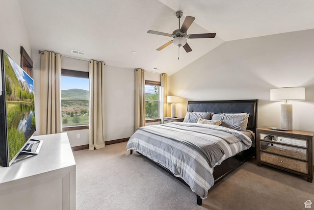 1046 W Abigail Dr, Heber City, UT 84032 - bedroom featuring vaulted ceiling, carpet flooring, multiple windows, and a ceiling fan