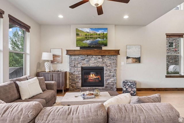 1046 W Abigail Dr, Heber City, UT 84032 - living area with wood finished floors, ceiling fan, a fireplace, and recessed lighting