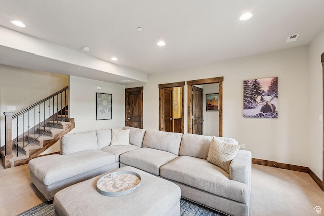 1046 W Abigail Dr, Heber City, UT 84032 - carpeted living area with recessed lighting and stairs