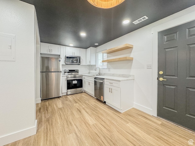 1464 S 50 E, Orem, UT 84058 - kitchen featuring stainless steel appliances, light wood-type flooring, light countertops, white cabinetry, and open shelves