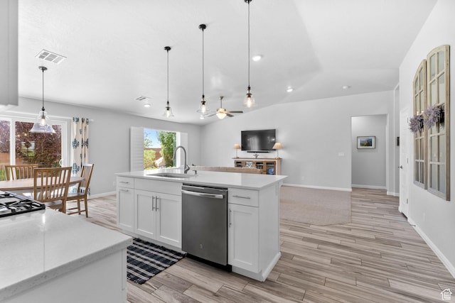 902 E 3950 S, Washington, UT 84780 - kitchen featuring dishwasher, open floor plan, light wood-type flooring, hanging light fixtures, and vaulted ceiling