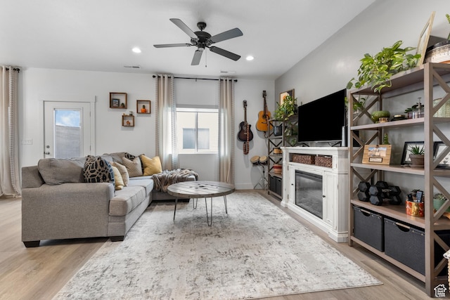2122 W 1745th Ct S, West Haven, UT 84401 - living room with wood finished floors, a ceiling fan, and recessed lighting