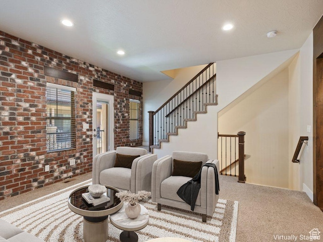 5529 W Sicily Ln N, Highland, UT 84003 - carpeted living area with recessed lighting, brick wall, and stairway