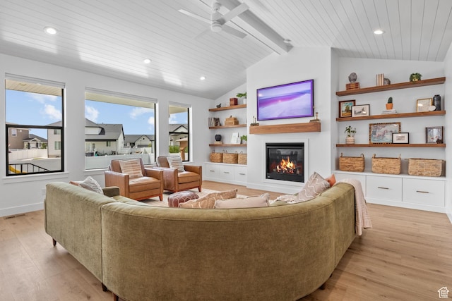2245 W 800 S, Layton, UT 84041 - living room featuring light wood-style floors, a glass covered fireplace, ceiling fan, recessed lighting, and wooden ceiling
