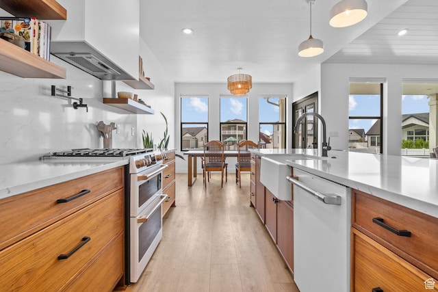 2245 W 800 S, Layton, UT 84041 - kitchen with double oven range, dishwasher, open shelves, brown cabinetry, and recessed lighting