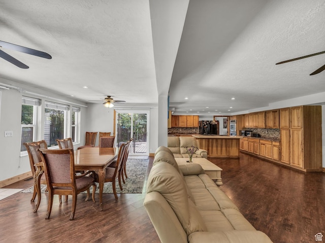 11551 S Woodhampton Dr E, Sandy, UT 84092 - dining space with ceiling fan, a textured ceiling, dark wood-type flooring, and recessed lighting