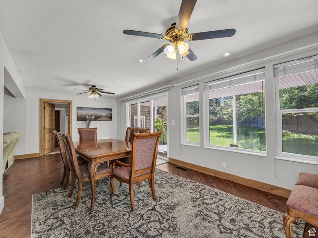 11551 S Woodhampton Dr E, Sandy, UT 84092 - dining room featuring a ceiling fan, dark wood finished floors, and plenty of natural light