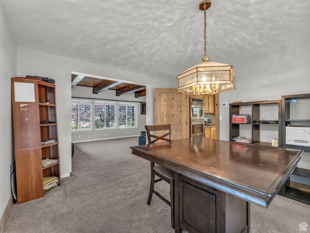 11551 S Woodhampton Dr E, Sandy, UT 84092 - carpeted dining room with a chandelier, a textured ceiling, and beamed ceiling
