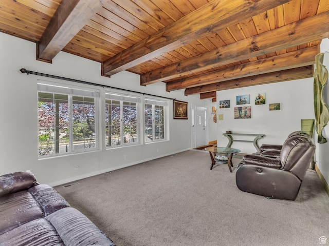 11551 S Woodhampton Dr E, Sandy, UT 84092 - carpeted living area featuring a wood ceiling with exposed beams