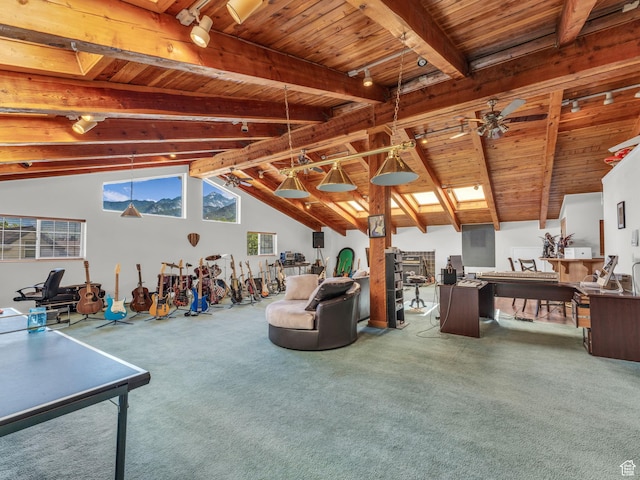 11551 S Woodhampton Dr E, Sandy, UT 84092 - miscellaneous room with wood ceiling, carpet floors, a ceiling fan, and track lighting