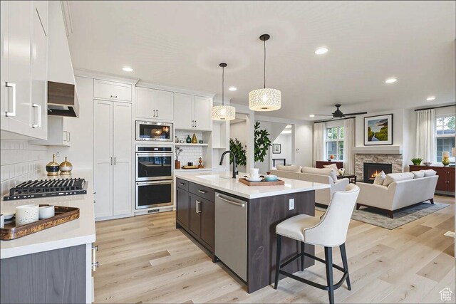 954 S Sandy Ln, Spanish Fork, UT 84660 - kitchen featuring stainless steel appliances, a ceiling fan, light countertops, white cabinetry, and light wood-style flooring